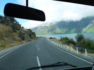 Roadtripping. Driving along Wakatipu lake on our way to Milford Sound. 